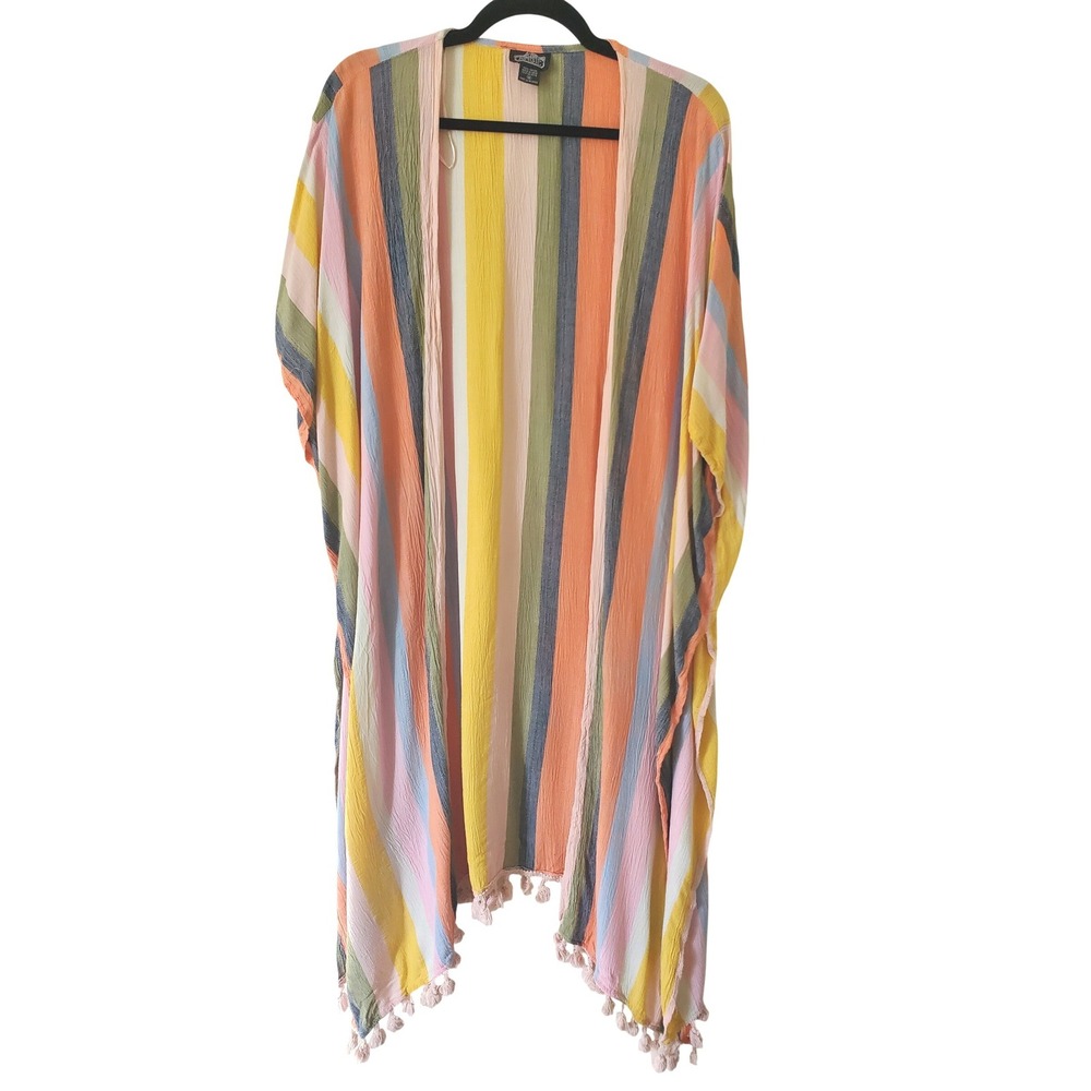 Angie Womens Striped Pom Pom Tassel‎ Kimono Cover Up Medium Bohemian Boho
